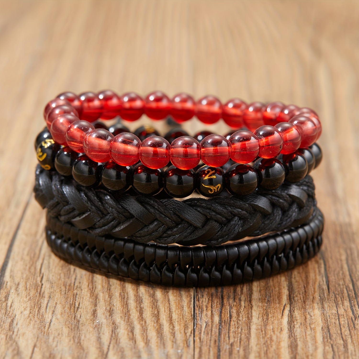 Men's Beaded Leather Combination Bracelet Set